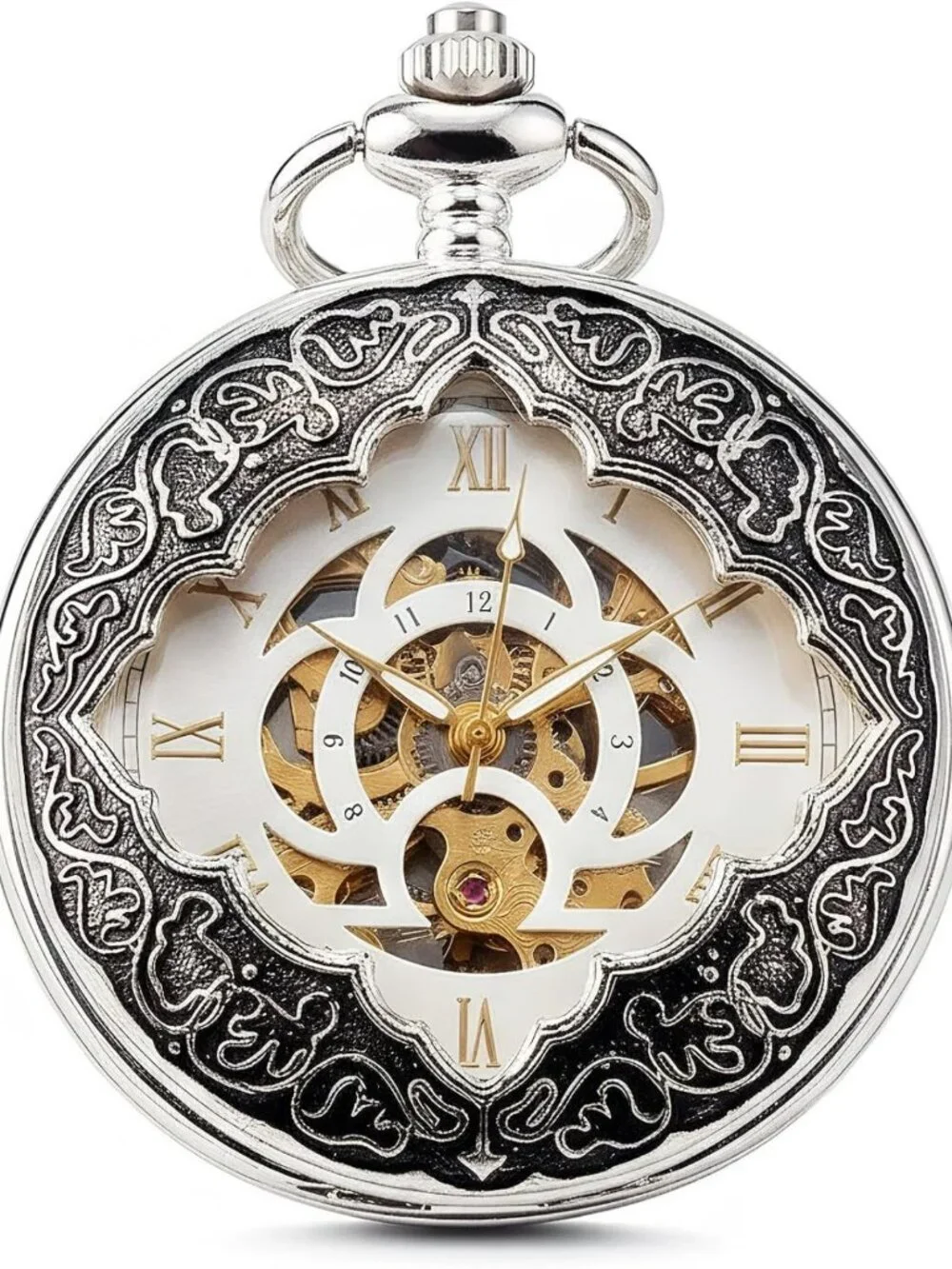 Vintage Silver Skeleton Mechanical Pocket Watch with Chain - Double-Open Case